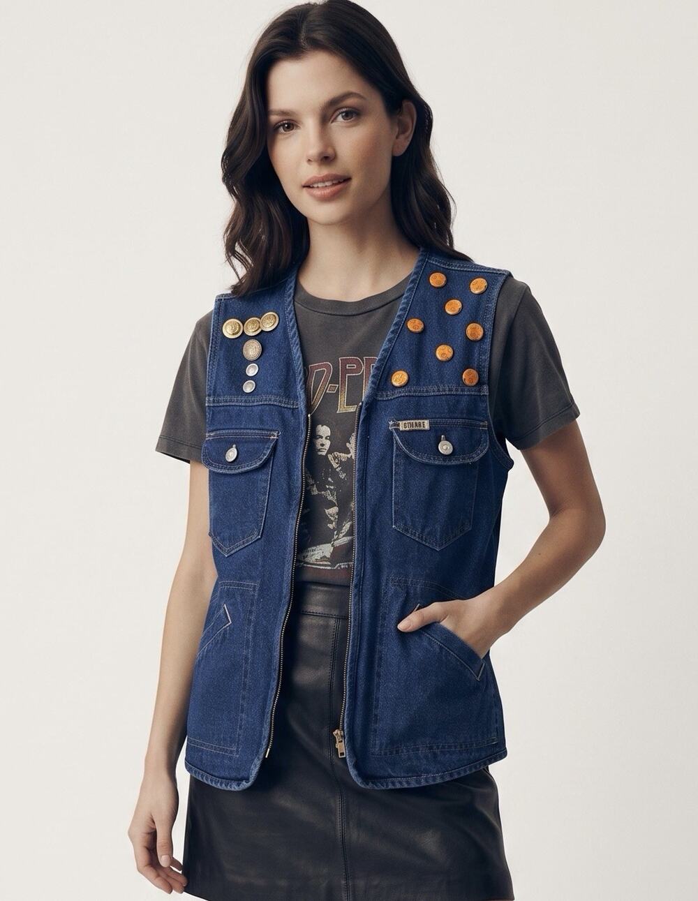 Vintage Sleeveless Denim Vest Dark Blue Embellished Military Buttons Boho Small